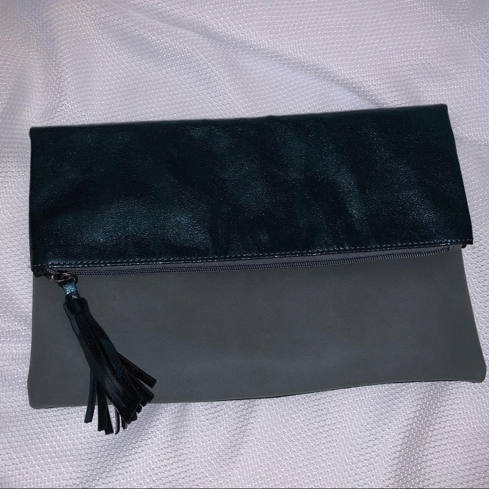 Lord & Taylor Metallic Fold Over Clutch w/Tassel